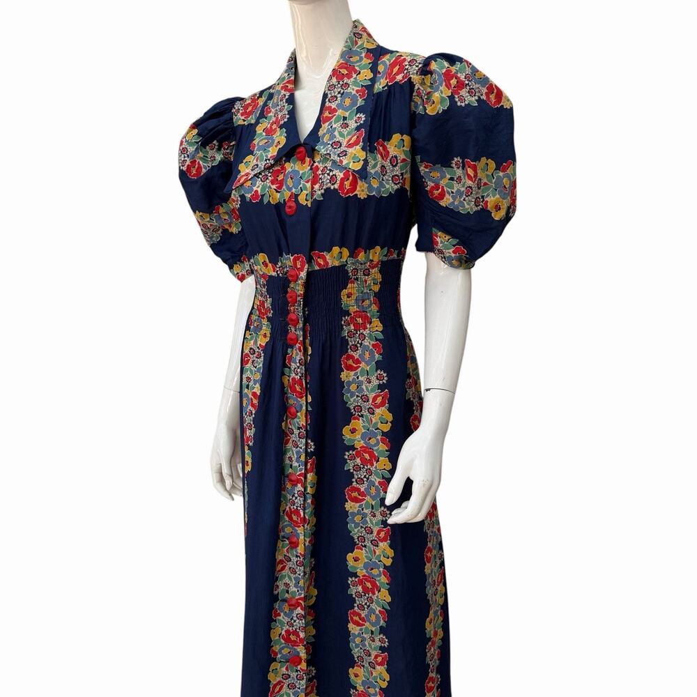 VTG 1940’s Extreme Puff Sleeve Maxi Dress Cotton Border Print Dagger Collar, L - Picture 11 of 14